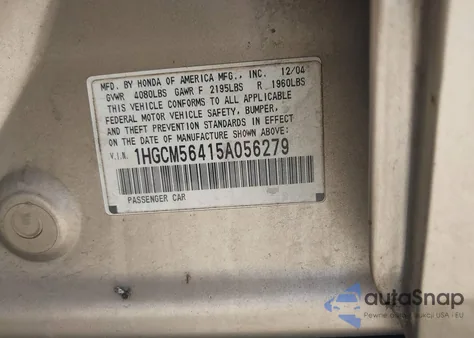 2005 Honda Accord 2.4 Lx из США, поврежденный, VIN 1HGCM56415A056279